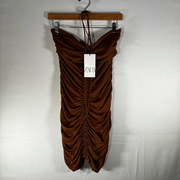 Zara Dress Size Large New Brown Draped Mini ruched - Picture 3 of 12